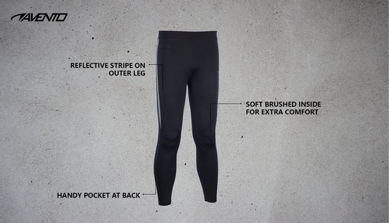Zwarte sportbroek voor heren met reflecterende streep op het buitenbeen, zachte binnenkant en achterzak.