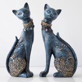BaykaDecor - Set van 2 Tweeling Katten Beelden - Woondecoratie Katten Paar - Antiek Design Beeldje - Verzamelitem - Blauw - 22 cm