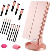 {NIEUW 2022}  make-upspiegel drievoudig opvouwbare cosmeticaspiegel & make up penselenset, 21 LED verlichte Vanity make up spiegel met touchscreen, 1X / 2X / 3X vergroting en USB-o