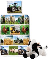 Dekbedovertrek Boerderij- 1 persoons- 140x200 cm- Katoen- Tractor- Kip- Haan- Varken- Schaap, incl. super zachte knuffel Koe 24 cm