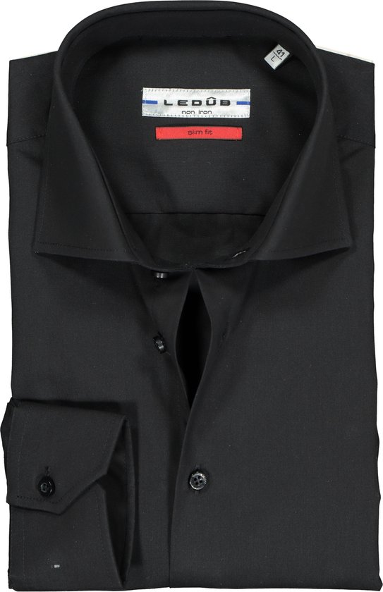 Ledub slim fit overhemd - zwart twill - Strijkvrij - Boordmaat: