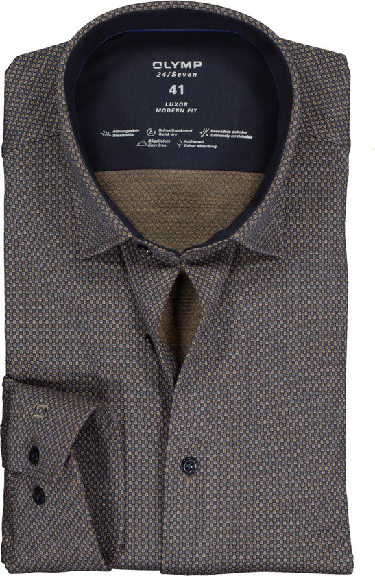 OLYMP Luxor 24/Seven modern fit overhemd - oker tricot birdseye dessin (contrast) - Strijkvriendelijk - Boordmaat: 39
