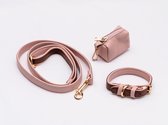 Hondenhalsband - riem - afvalzak draagset - roze en bruin - halsband maat XS/S (24-32cm) - riem 120 cm