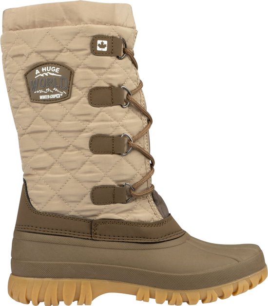 Natuurkleurige winterlaars, gewatteerd, met bruine accenten en veters.