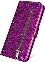 LuxeBass Hoesje geschikt voor Oppo A15 Glitter Bookcase met rits - hoesje - portemonneehoesje - Paars - bookcase - boekhoesje - book case - boek hoesje