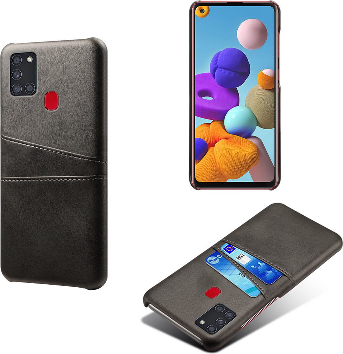 Backcover met Opbergvakjes + PMMA Screenprotector voor Galaxy A21s _ Zwart