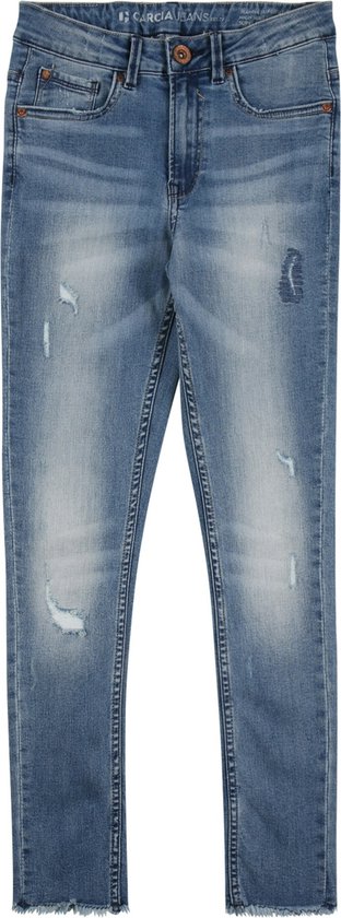 Blauwe skinny jeans voor meisjes, met lichte wassing, distressed details en rafelige zoom.