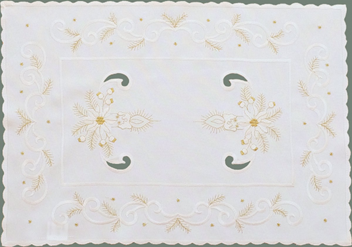 Tafelkleed - Kerst - Ecru - met kaars en kerstroos in gouddraad - Loper 50cm