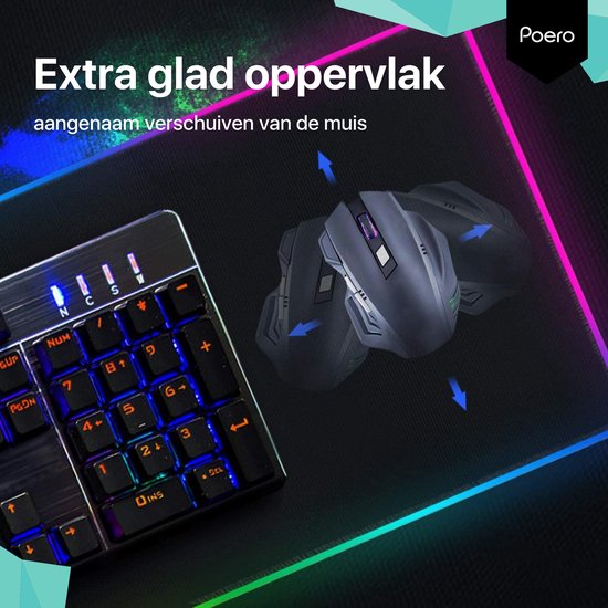 Poero RGB Muismat XXL - Muismat Gaming - Pro Muismat met LED Verlichting- Antislip - 80x30cm - Poero