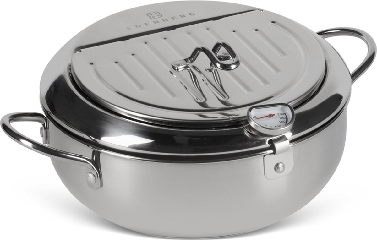 GOENN Non-stick Coating Koekenpan Met Thermometer Friteuse Pot, Mini Frituurpan Roestvrijstalen Oliepan Met Deksel 20cm