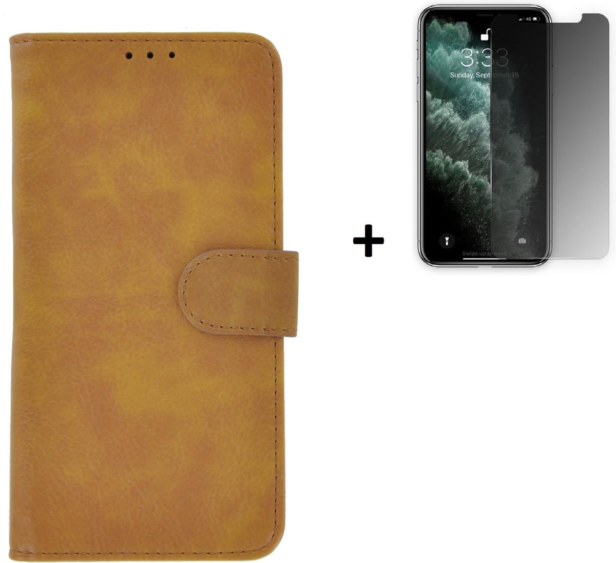 Hoesje Geschikt voor iPhone 11 Pro Max + Screenprotector 11 Pro Max - iPhone 11 Pro Max Hoes Wallet Bookcase Bruin + Privacy Tempered Glass