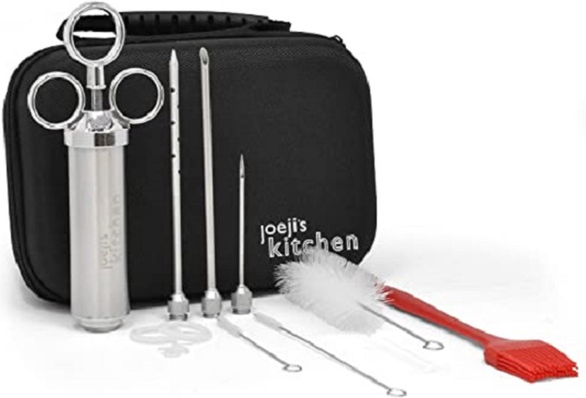 Vleesinjectorspuitset met 2oz keukenspuit, 3 naalden, 5 O-ringen, 3 reinigingsborstels, siliconenborstel en reiskoffer, kalkoenpekelset en voedselspuitinjector voor vloeistof of puree BBQ-marinades