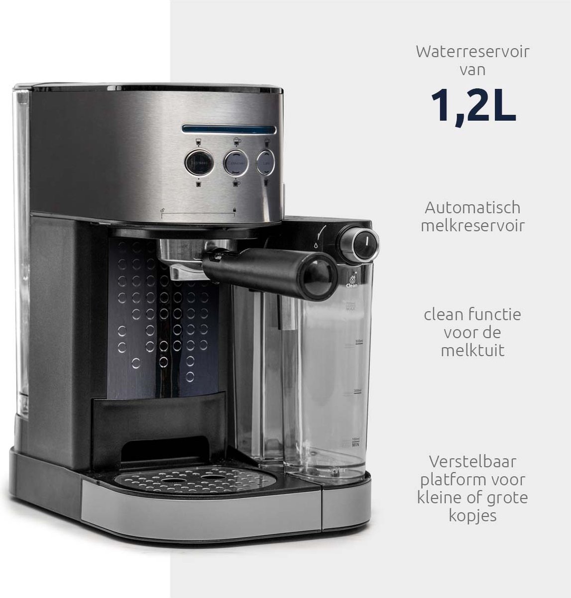 Afbeelding 2 van BluMill Koffiemachine - Pistonmachine - Incl. automatische melkschuimer - Zilver
