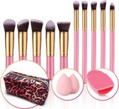 Evvie set van 10 make-up kwasten met beauty blender (2x) en brushegg in etui - roze/goud