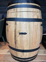 Wijnrek 225L kastanje houten wijnvat, met deurtjes en zwarte banden - wijnvat - wijnopslag - wijnrek - wijnmeubel - industrieel - drank kast