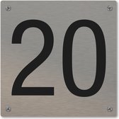 Huisnummerbord - huisnummer 20 - voordeur - 12 x 12 cm - rvs look - schroeven - naambordje nummerbord