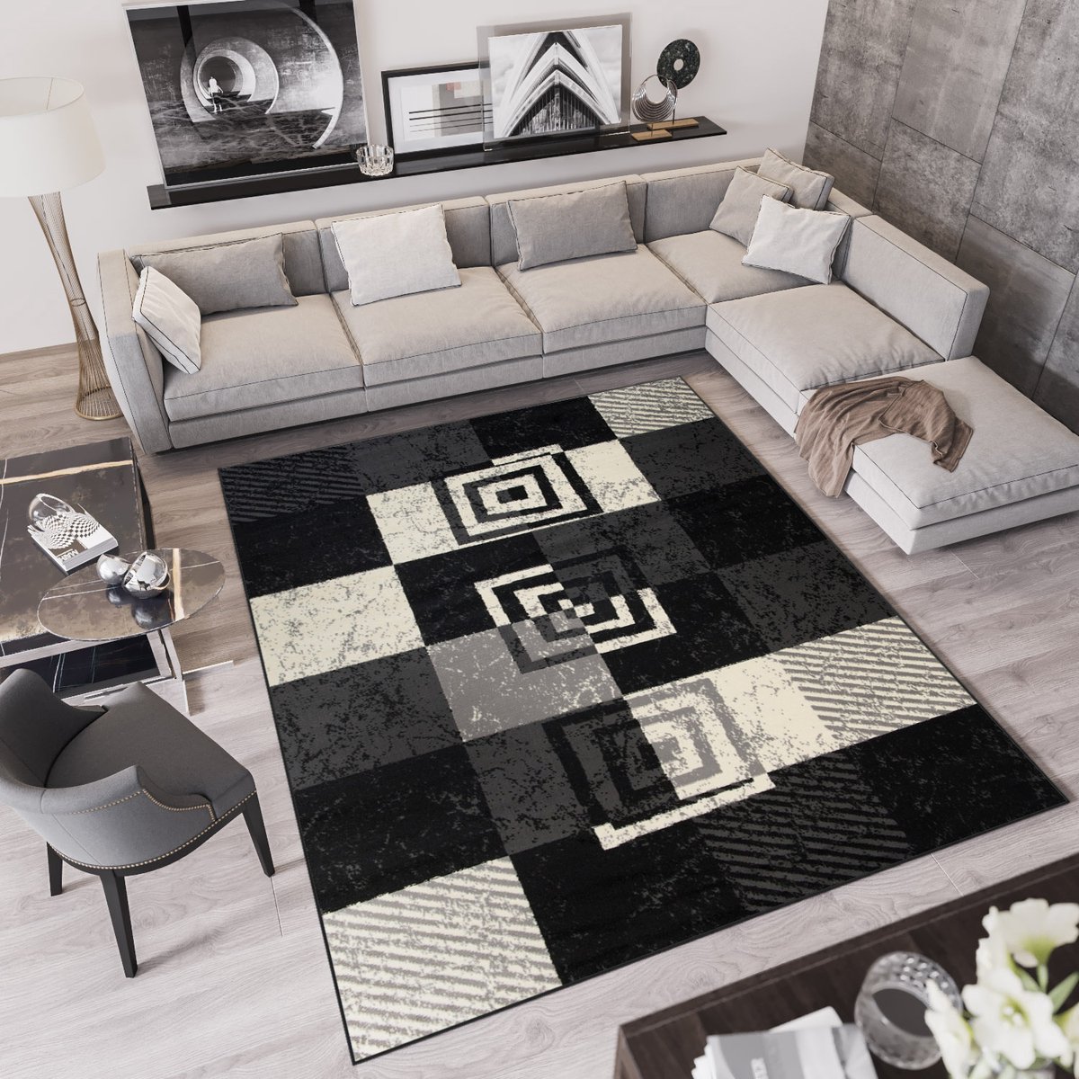 Tapiso Qmega Vloerkleed Zwart Grijs Geometrisch Woonkamer Tapijt Maat- 300x400
