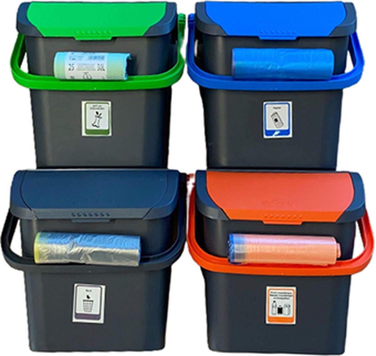 Set met 4 afvalbakken + stickers + 4 rollen afvalzakken - Afvalscheidingsbak - afvalscheiding afvalbak - afval scheiden prullenbak - stickers - afvalzakken - 4 stuks - Malpie - sorteer afvalbak - sorteer bak