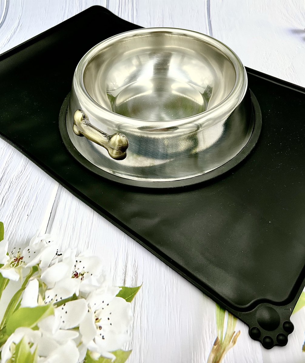 Maison Extravagante - MOMO Luxe Honden voerbak 25cm met siliconen placemat - Set van 2 stuks - RVS - Zwart- Drinkbak Hond - Eetbak Hond - Hondenbak - Honden Bak - Kadotip