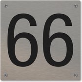 Huisnummerbord - huisnummer 66 - voordeur - 12 x 12 cm - rvs look - schroeven - naambordje nummerbord