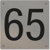 Huisnummerbord - huisnummer 65 - voordeur - 12 x 12 cm - rvs look - schroeven - naambordje nummerbord