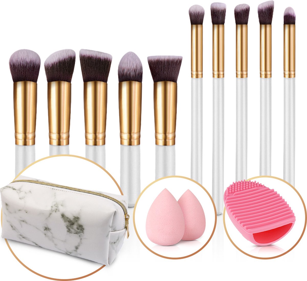 Evvie set van 10 make-up kwasten met beauty blender (2x) en brushegg in etui - wit/goud