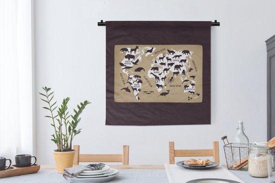 Tapisserie murale - Toile murale - Wereldkaart Enfants - Wit - Marron - 90x90 cm - Tapisserie