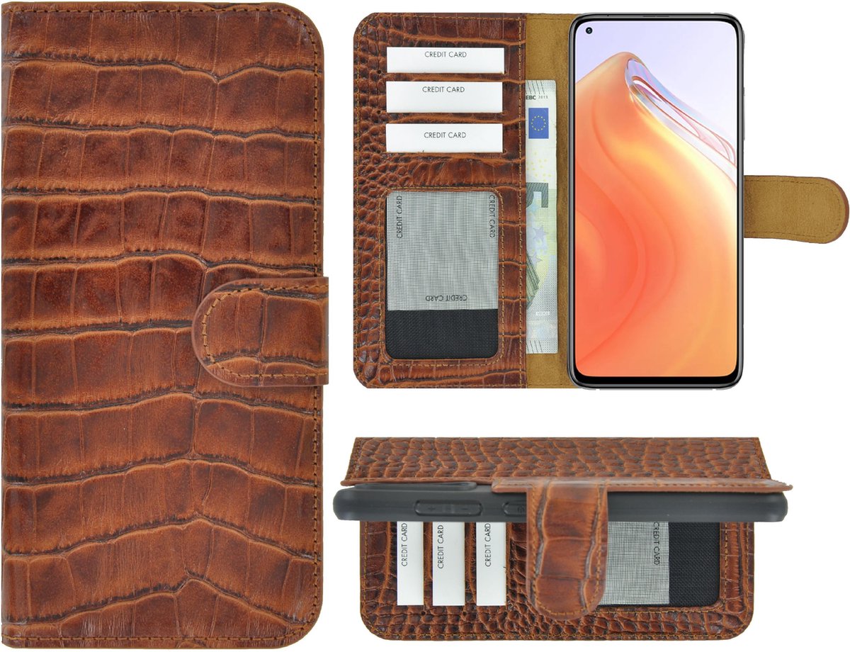Geschikt voor Xiaomi Mi 10T 5G Hoesje - Bookcase - Portemonnee Hoes Echt leer Wallet case Croco Kaneelbruin