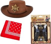 Cowboy carnaval speelgoed verkleedset voor kinderen - Cowboyhoed - 2x Revolvers met holster - rode zakdoek
