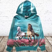 Blauwe hoodie met paarden f46 -s&C-134/140-Hoodie meisjes