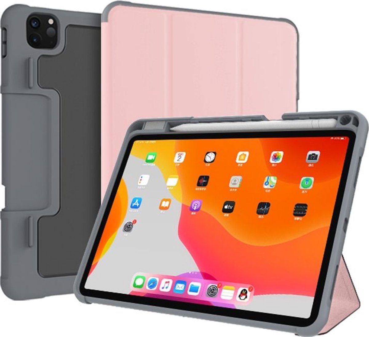 Mobigear Tablethoes geschikt voor Apple iPad Pro 11 Inch (2021) Hoes | Mobigear Tri-Fold Tough Bookcase + Stylus Houder - Zwart / Roségoud