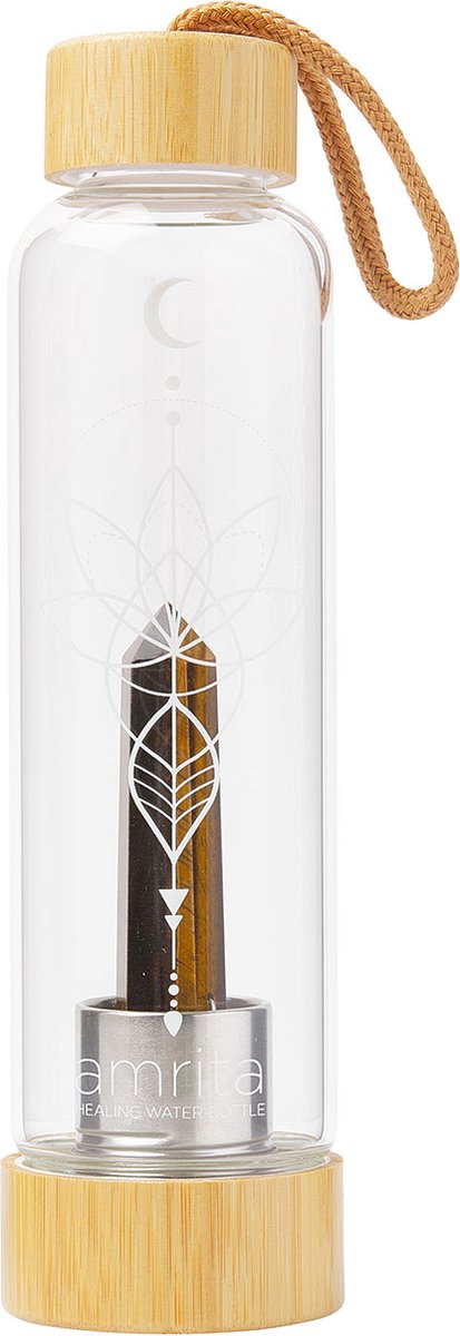Harmony Crystal® - Duurzame glazen waterfles met kristal - Tijgeroog - Bamboe - 500 ml Drinkfles Edelsteen