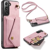 Samsung Galaxy S21 Casemania Hoesje Pale Pink - Luxe Back Cover met Koord - Wallet Case - Pasjeshouder