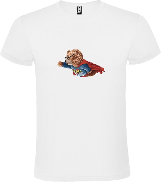 Wit t-shirt met grote print 'Vliegende Superheld Teddybeer' size XL