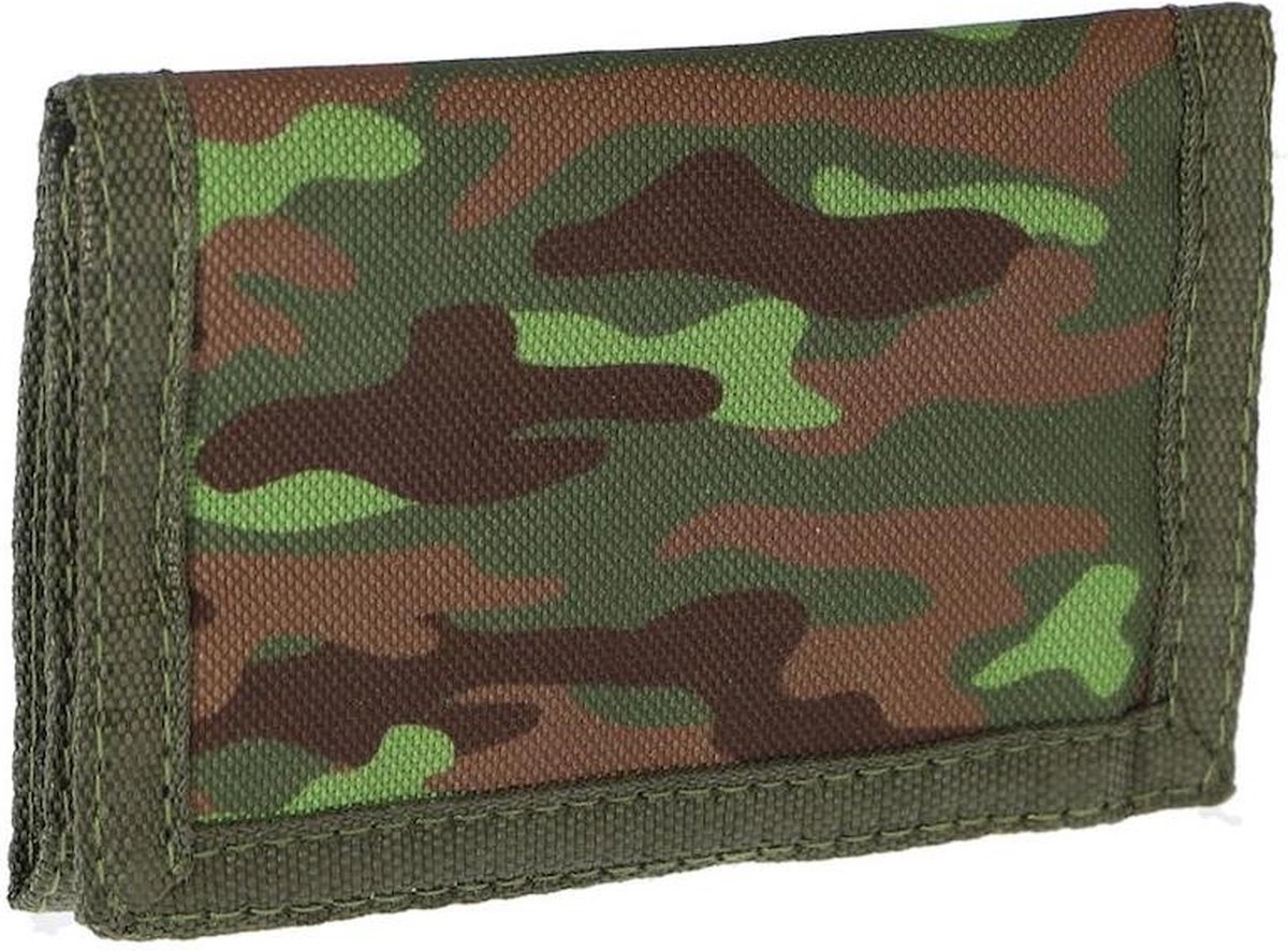 Portefeuille Fin Enfants - Triple Pliage - Chaîne Anti-Vol - Camouflage Vert - 12x8 Cm - Polyester