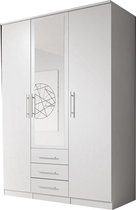 InspireMe- Kledingkast vouwdeurkast met spiegel 3-deurs kledingkast met veel planken en kledingroede Gaderobe BxHxD 150x210x64 - RUTH 3D (WIT)