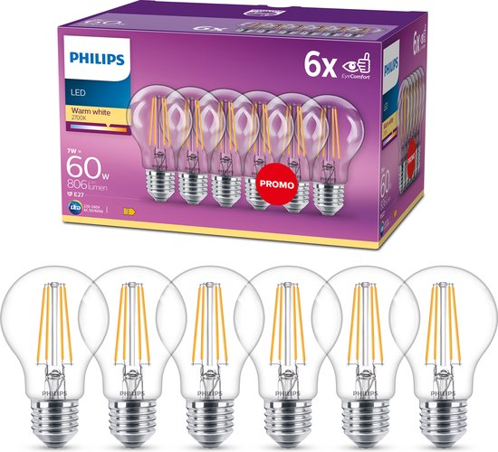 Philips energiezuinige LED Lamp Transparant - 60 W - E27 - warmwit licht - 6 stuks - Bespaar op energiekosten