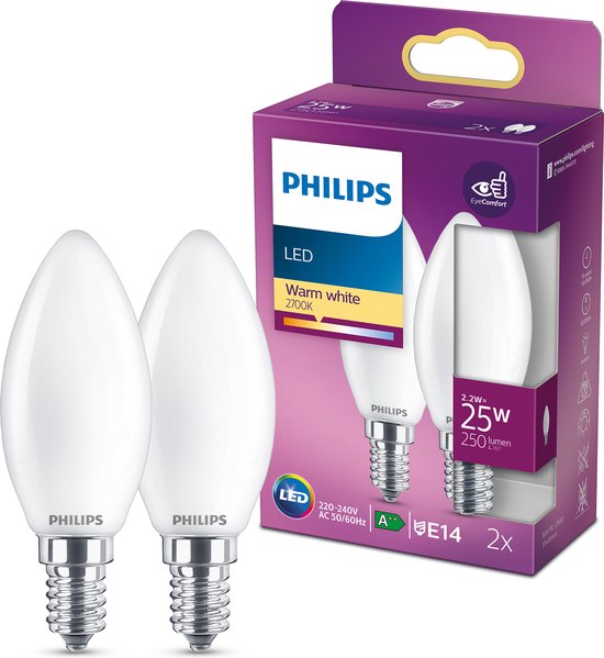 Philips energiezuinige LED Kaars Mat - 25 W - E14 - warmwit licht - 2 stuks  - Bespaar... | bol.com