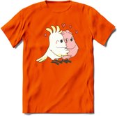 Lovebirds - Valentijn T-Shirt | Grappig Valentijnsdag Cadeautje voor Hem en Haar | Dames - Heren - Unisex | Kleding Cadeau | - Oranje - L