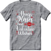 Hugs Kisses and Valentine Wishes - Valentijn T-Shirt | Grappig Valentijnsdag Cadeautje voor Hem en Haar | Dames - Heren - Unisex | Kleding Cadeau | - Donker Grijs - Gemaleerd - 3XL