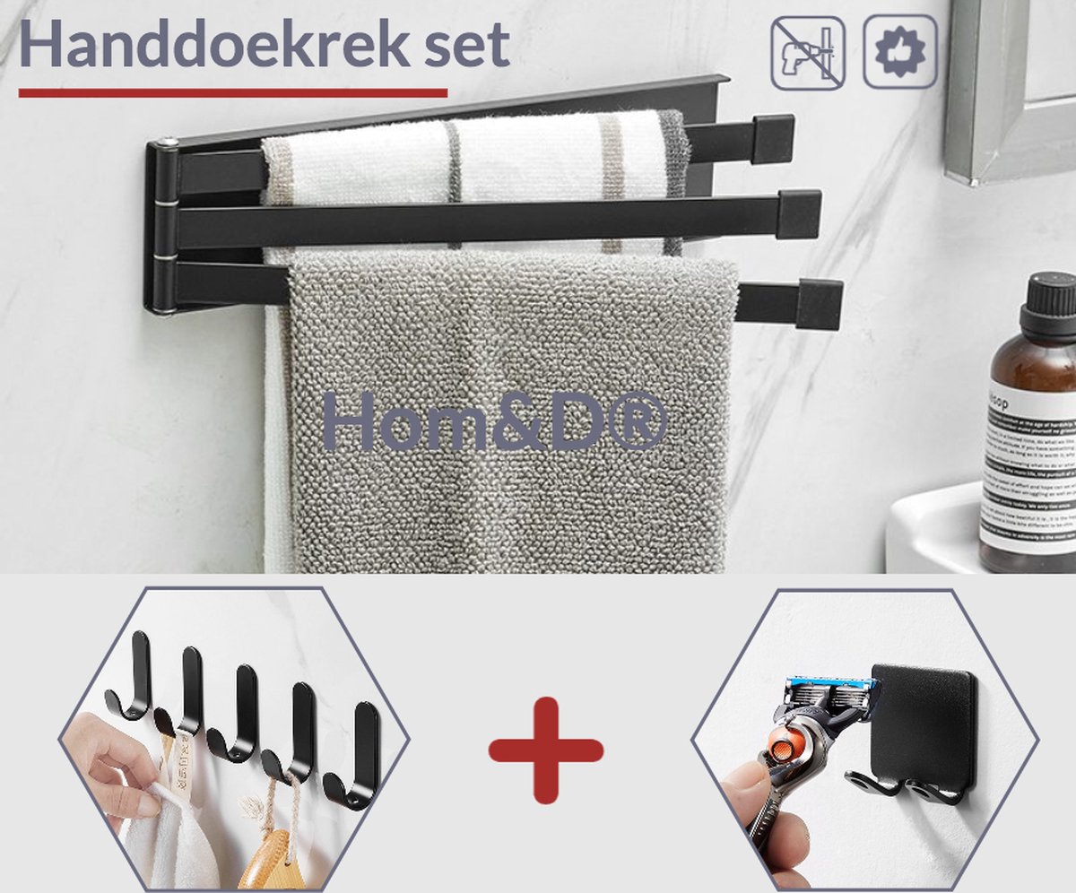 Multi handdoekenrek set - Handdoekrek zwart - Handdoekhaakjes - zelfklevend