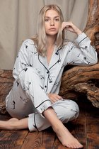 Seamlife Homewear - Luxe Dames Pyjama Set - Maat (M) - 100% Biologisch Katoen Satijn - Lange Mouwen - Wit Ganzen