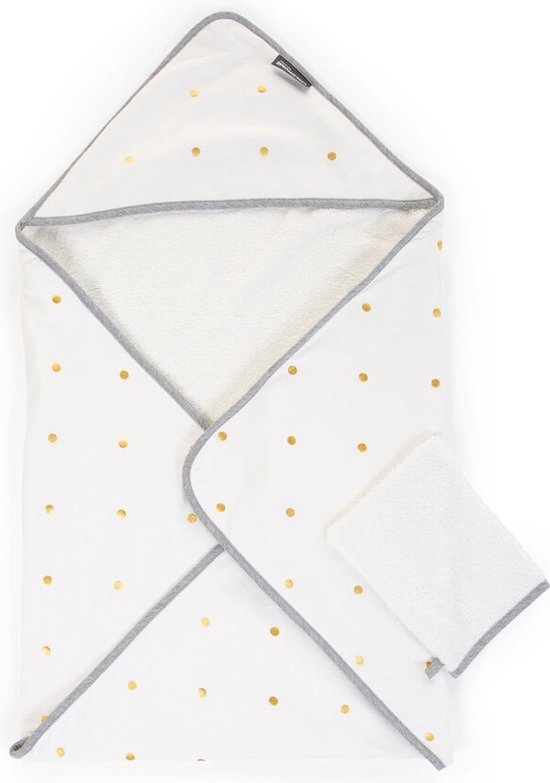 Childhome Gold Dots Collection - Baby Badcape + Washandje - 80x80 Cm - Jersey - Wit/goud