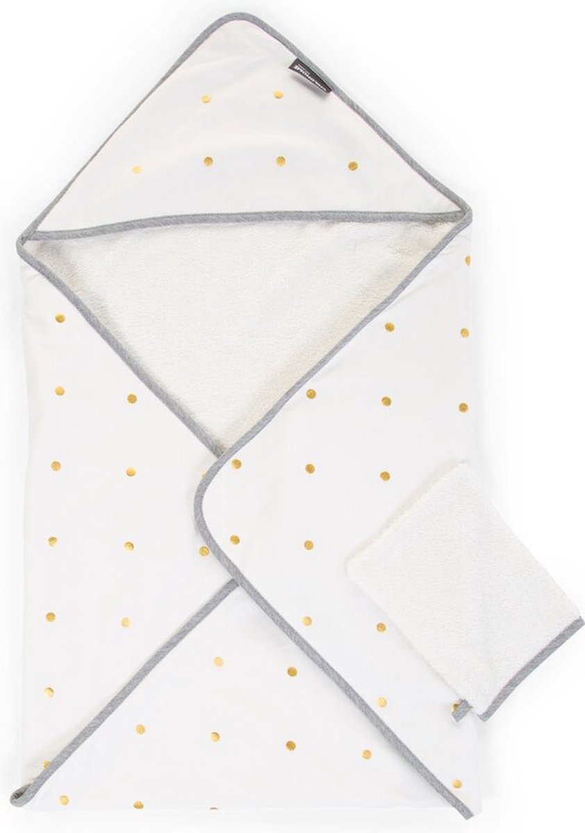 Baby Badcape + Washandje - 80x80 Cm - Jersey - Gold Dots Baby Badcape + Washandje - 80x80 Cm - Jersey - Gold Dots