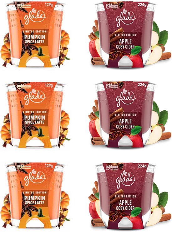 Glade Limited Edition Geurkaars In Glas Pumpkin Spice Latte & Apple Cosy Cider - Multi Pack - 3 x 129g 3 x 224g Stuks