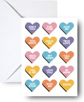 Candy hearts - Wenskaart met envelop liefdesverklaring - Valentijnskaart - Vriendschap en liefde kaart - Postcard/card - A6 print met envelop