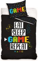 1-persoons jongens dekbedovertrek (dekbed hoes) “EAT SLEEP GAME REPEAT” zwart met controller van spelcomputer (computerspel voor gamers) Playstation KATOEN eenpersoons 140 x 200 cm