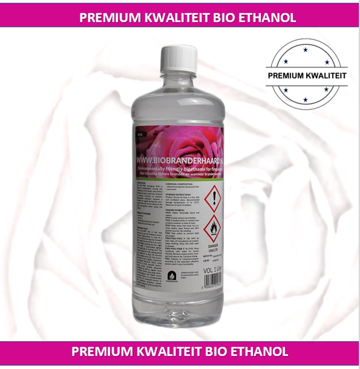 biobranderhaard | fles bio ethanol met zachte rozengeur| Premium bio - ethanol | 1 liter | premium kwaliteit Bio ethanol| | bio ethanolhaard vulling | sfeerhaarden bio ethanol | sfeerhaardvulling