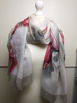 Lange dames sjaal Dalida bloemenmotief grijs roze rood zwart wit oranje bruin
