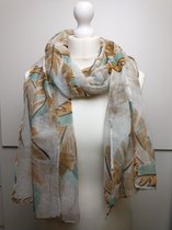 Lange dames sjaal Mylene bladerenmotief bruin groen wit geel oranje